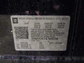 2020 Chevrolet Equinox LT with VIN 3GNAXUEV4LS606708, listed as a IAAI auction lot 41192737 with 59,539 mi miles. Bid and sale history available at carsss.com. Image 9.