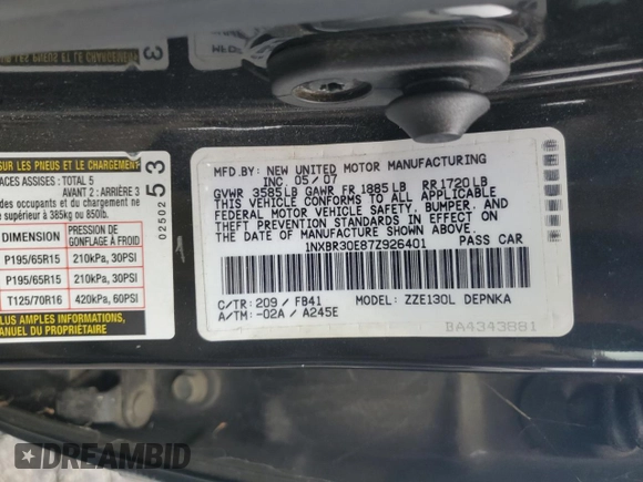 2007 Toyota Corolla CE with VIN 1NXBR30E87Z926401, listed as a Copart auction lot 55686735 with 140,176 mi miles and Clean Title. Bid and sale history available at carsss.com. Image 12.