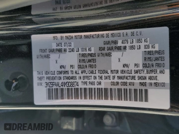 2022 Mazda 3 S with VIN 3MZBPAAL4NM308874, listed as a Copart auction lot 50079395 with Not Provided miles and Non Repairable. Bid and sale history available at DreamBid. Image 12.