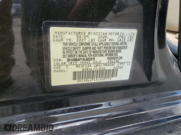 2010 Nissan Sentra SL with VIN 3N1AB6AP1AL602975, listed as a Copart auction lot 60438595 with 142,043 mi miles and Salvage title. Bid and sale history available at DreamBid. Image 12.