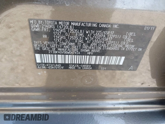 2011 Toyota RAV4 Ltd with VIN 2T3DK4DV9BW047454, listed as a IAAI auction lot 41825304 with 104,536 mi miles. Bid and sale history available at carsss.com. Image 9.
