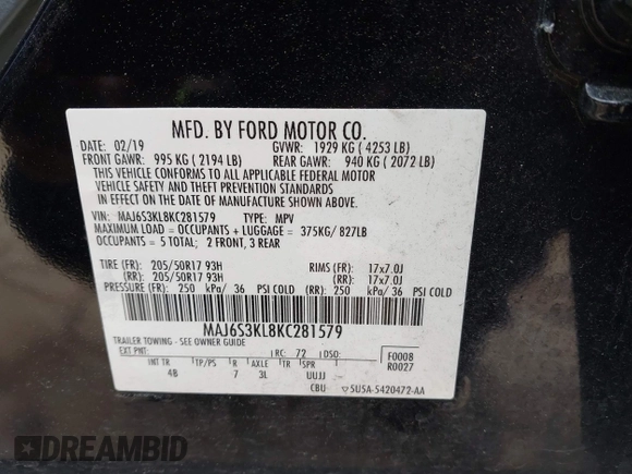 2019 Ford EcoSport Titanium z VIN MAJ6S3KL8KC281579, wystawiony jako IAAI lot #41995080 z przebiegiem 93 240 mil mil oraz . Historia ofert i sprzedaży dostępna na DreamBid. Obrazek 9.