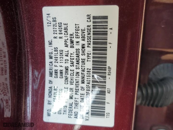 2015 Honda Accord Sedan EX-L with VIN 1HGCR3F85FA015082, listed as a Copart auction lot 48669785 with 192,679 mi miles and Salvage Title. Bid and sale history available at carsss.com. Image 13.