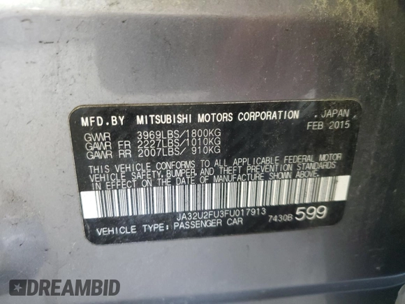 2015 Mitsubishi Lancer ES with VIN JA32U2FU3FU017913, listed as a Copart auction lot 63943325 with 103,788 mi miles and Clean title. Bid and sale history available at DreamBid. Image 12.