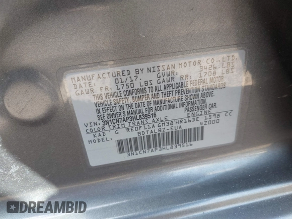 2017 Nissan Versa SV with VIN 3N1CN7AP3HL839516, listed as a IAAI auction lot 41612437 with 144,400 mi miles and . Bid and sale history available at DreamBid. Image 9.
