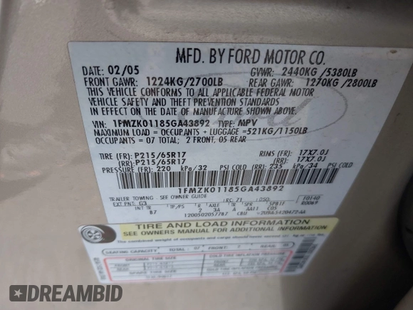 2005 Ford Freestyle SE with VIN 1FMZK01185GA43892, listed as a IAAI auction lot 41643495 with 183,896 mi miles. Bid and sale history available at carsss.com. Image 9.