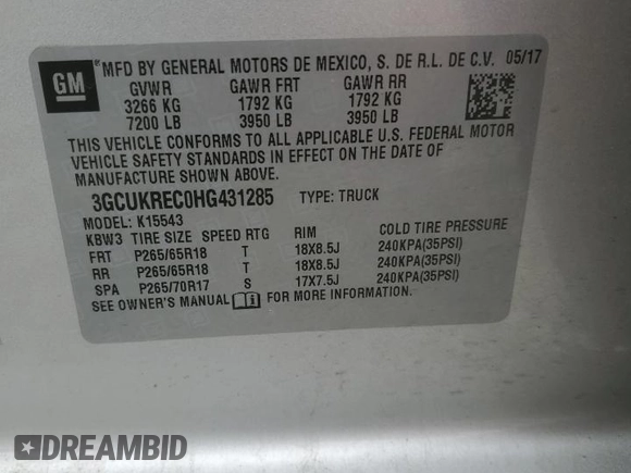 2017 Chevrolet Silverado 1500 LT with VIN 3GCUKREC0HG431285, listed as a Copart auction lot 49585755 with 134,008 mi miles and Salvage Title. Bid and sale history available at DreamBid. Image 14.