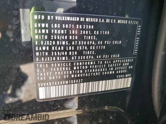 2024 Volkswagen Tiguan SEL R-Line with VIN 3VV4B7AX8RM156427, listed as a Copart auction lot 43564015 with Not provided miles and Salvage title. Bid and sale history available at DreamBid. Image 13.