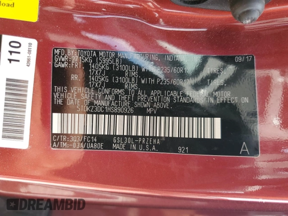 2017 Toyota Sienna LE Auto Access Seat with VIN 5TDKZ3DC1HS890926, listed as a Copart auction lot 58005395 with 85,508 mi miles and Salvage title. Bid and sale history available at DreamBid. Image 13.