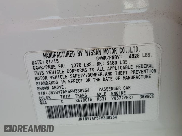 2015 Infiniti Q50 Premium with VIN JN1BV7AP5FM338254, listed as a Copart auction lot 43929335 with 119,056 mi miles and Salvage title. Bid and sale history available at DreamBid. Image 14.