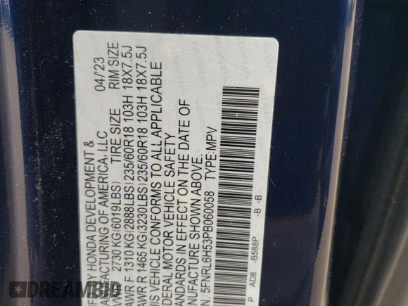 2023 Honda Odyssey EX with VIN 5FNRL6H53PB060058, listed as a Copart auction lot 53415865 with 24,778 mi miles and Salvage title. Bid and sale history available at DreamBid. Image 13.
