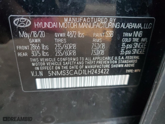 2020 Hyundai Santa Fe SEL with VIN 5NMS3CAD1LH243422, listed as a Copart auction lot 44535815 with 67,462 mi miles and Salvage Title. Bid and sale history available at carsss.com. Image 14.
