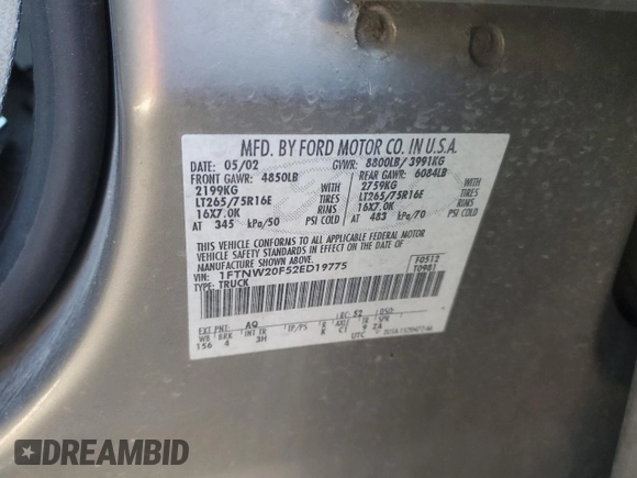 2002 Ford F-250 XL with VIN 1FTNW20F52ED19775, listed as a Copart auction lot 42612175 with 285,580 mi miles and Salvage Title. Bid and sale history available at DreamBid. Image 12.