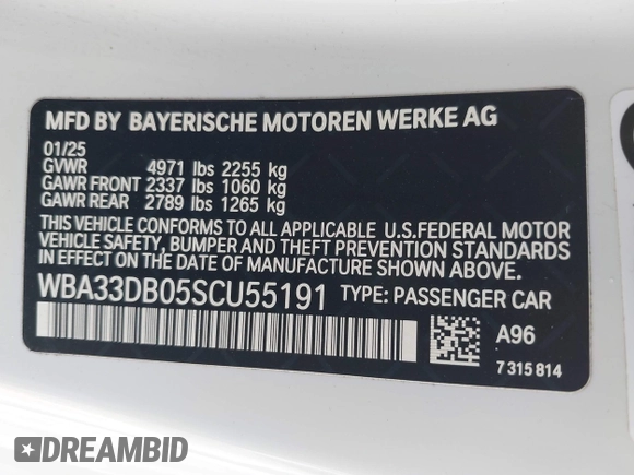 2025 BMW 4 Series 430i with VIN WBA33DB05SCU55191, listed as a IAAI auction lot 42477824 with 6,224 mi miles and . Bid and sale history available at DreamBid. Image 9.