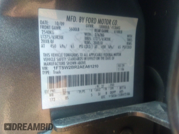 2010 Ford Super Duty F-250 SRW XL with VIN 1FTSW2BR2AEA61210, listed as a IAAI auction lot 41156687 with 207,648 mi miles. Bid and sale history available at carsss.com. Image 9.