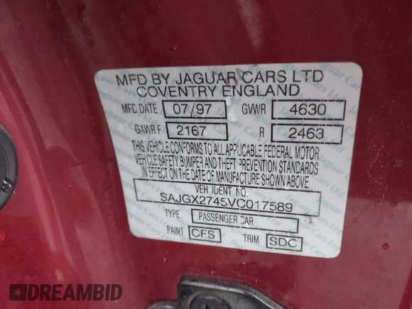1997 Jaguar XK with VIN SAJGX2745VC017589, listed as a IAAI auction lot 42208129 with Not Provided miles and . Bid and sale history available at DreamBid. Image 9.