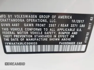 2018 Volkswagen Passat 2.0T S with VIN 1VWAA7A35JC009020, listed as a IAAI auction lot 41955626 with 99,900 mi miles. Bid and sale history available at carsss.com. Image 9.