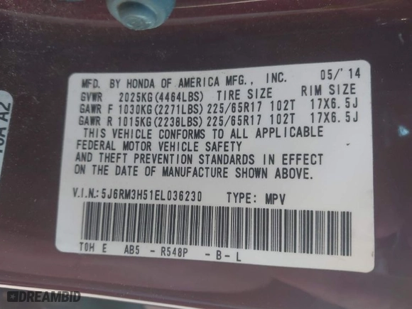 2014 Honda CR-V EX with VIN 5J6RM3H51EL036230, listed as a IAAI auction lot 41846750 with 179,136 mi miles. Bid and sale history available at carsss.com. Image 9.