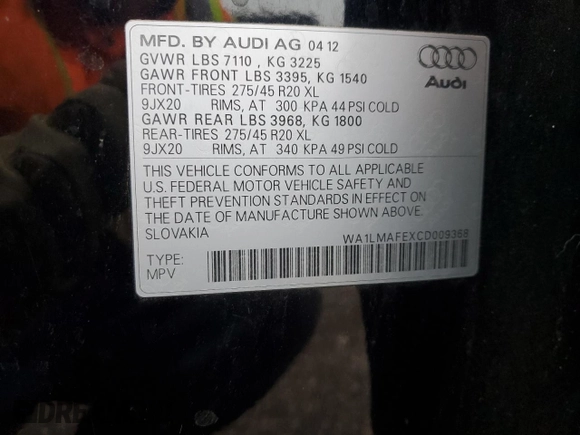 2012 Audi Q7 Premium Plus with VIN WA1LMAFEXCD009368, listed as a Copart auction lot 43187195 with 343,904 mi miles and Clean title. Bid and sale history available at DreamBid. Image 13.