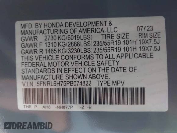 2023 Honda Odyssey Sport z VIN 5FNRL6H75PB074822, wystawiony jako IAAI lot #42040120 z przebiegiem 158 657 mil mil oraz . Historia ofert i sprzedaży dostępna na DreamBid. Obrazek 9.