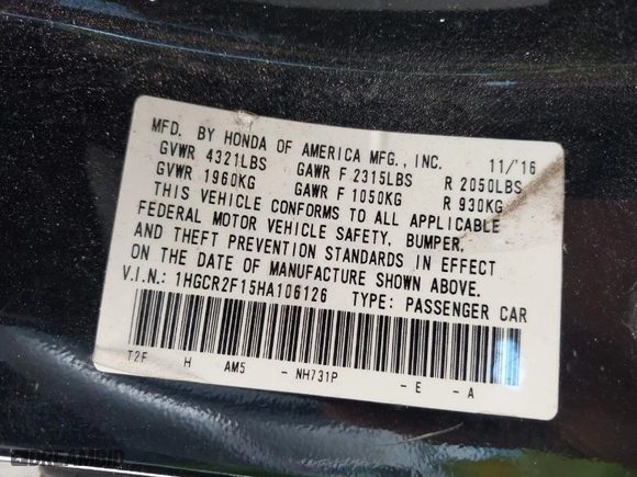 2017 Honda Accord Sedan Sport SE with VIN 1HGCR2F15HA106126, listed as a IAAI auction lot 41970564 with 171,297 mi miles. Bid and sale history available at carsss.com. Image 9.