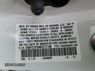 2019 Honda Civic Sedan EX with VIN 19XFC1F34KE217148, listed as a Copart auction lot 48805065 with 41,205 mi miles and Salvage Title. Bid and sale history available at carsss.com. Image 14.