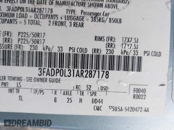 2010 Ford Fusion Hybrid с VIN 3FADP0L31AR287178, выставлен на аукционе IAAI как лот 42471647 с пробегом 104 108 миль миль и . История ставок и продаж доступна на DreamBid. Изображение 9.