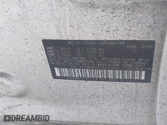 2020 Subaru Legacy Limited with VIN 4S3BWAN68L3017223, listed as a IAAI auction lot 41203519 with Not Provided miles and . Bid and sale history available at DreamBid. Image 9.