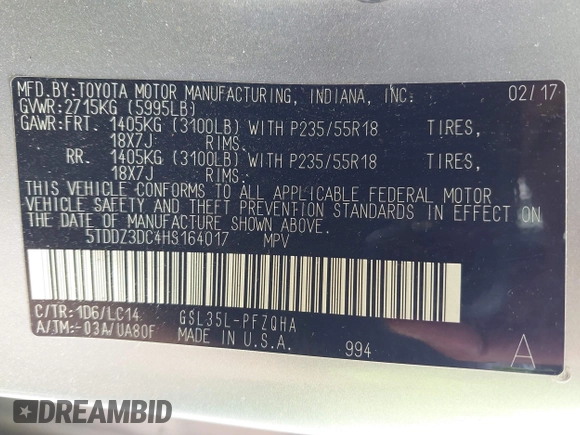 2017 Toyota Sienna XLE with VIN 5TDDZ3DC4HS164017, listed as a IAAI auction lot 41983055 with 90,702 mi miles and . Bid and sale history available at DreamBid. Image 9.