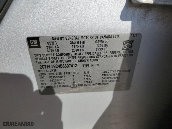 2011 GMC Terrain SLE-2 with VIN 2CTFLTEC4B6397412, listed as a Copart auction lot 51261315 with 188,204 mi miles and Salvage Title. Bid and sale history available at carsss.com. Image 12.