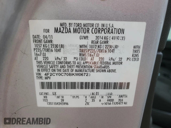 2011 Mazda Tribute Touring with VIN 4F2CY0C70BKM06723, listed as a Copart auction lot 80783624 with 218,372 mi miles and Salvage Title. Bid and sale history available at carsss.com. Image 13.