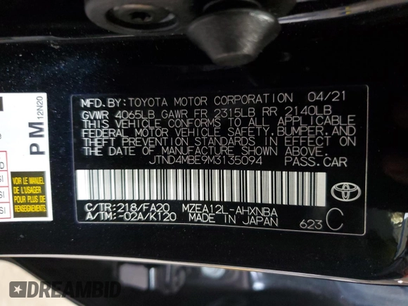 2021 Toyota Corolla Hatchback SE with VIN JTND4MBE9M3135094, listed as a Copart auction lot 71599094 with 51,063 mi miles and Salvage Title. Bid and sale history available at carsss.com. Image 12.