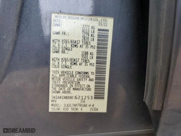 2011 Nissan Pathfinder Silver with VIN 5N1AR1NBXBC621253, listed as a Copart auction lot 83152894 with 210,531 mi miles and Salvage Title. Bid and sale history available at carsss.com. Image 15.