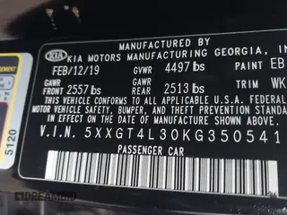 2019 Kia Optima LX with VIN 5XXGT4L30KG350541, listed as a IAAI auction lot 41908755 with 47,085 mi miles. Bid and sale history available at carsss.com. Image 9.