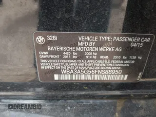 2015 BMW 3 Series 328i with VIN WBA3A5G56FNS88950, listed as a IAAI auction lot 41531888 with 93,464 mi miles. Bid and sale history available at carsss.com. Image 9.