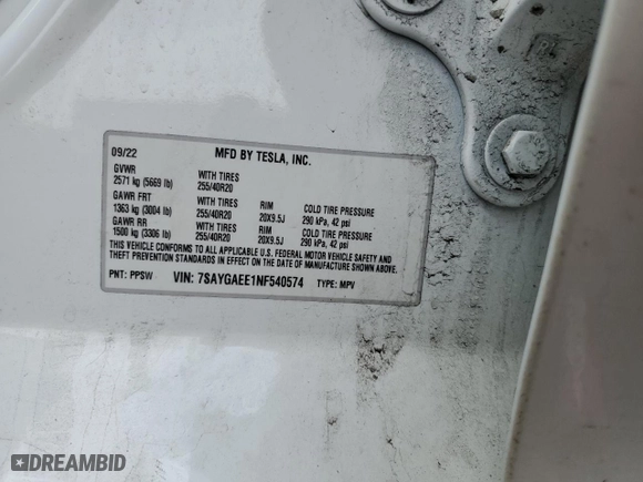 2022 Tesla Model Y Long Range with VIN 7SAYGAEE1NF540574, listed as a Copart auction lot 49001125 with 40,806 mi miles and Salvage Title. Bid and sale history available at carsss.com. Image 15.