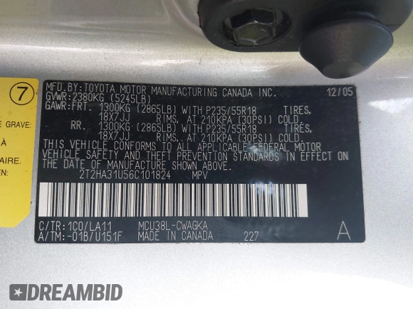 2006 Lexus RX 330 with VIN 2T2HA31U56C101824, listed as a IAAI auction lot 42752108 with 248,378 mi miles and . Bid and sale history available at DreamBid. Image 9.