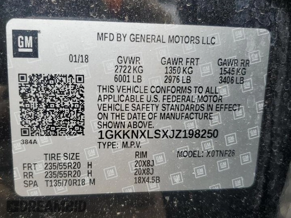 2018 GMC Acadia Denali with VIN 1GKKNXLSXJZ198250, listed as a Copart auction lot 59958345 with 59,811 mi miles and Salvage title. Bid and sale history available at DreamBid. Image 14.