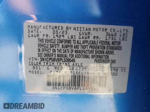 2023 Nissan Kicks S with VIN 3N1CP5BV8PL539545, listed as a Copart auction lot 42906275 with 9,361 mi miles and Salvage Title. Bid and sale history available at DreamBid. Image 14.