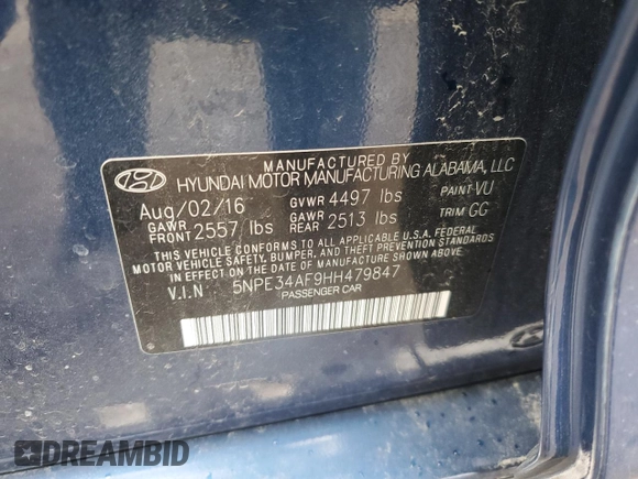 2017 Hyundai Sonata Sport with VIN 5NPE34AF9HH479847, listed as a Copart auction lot 49881475 with 62,991 mi miles and Salvage Title. Bid and sale history available at DreamBid. Image 14.