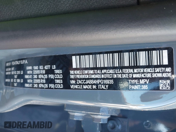 2017 Jeep Renegade Latitude with VIN ZACCJABB4HPG16935, listed as a IAAI auction lot 41843666 with 37,835 mi miles and . Bid and sale history available at DreamBid. Image 9.