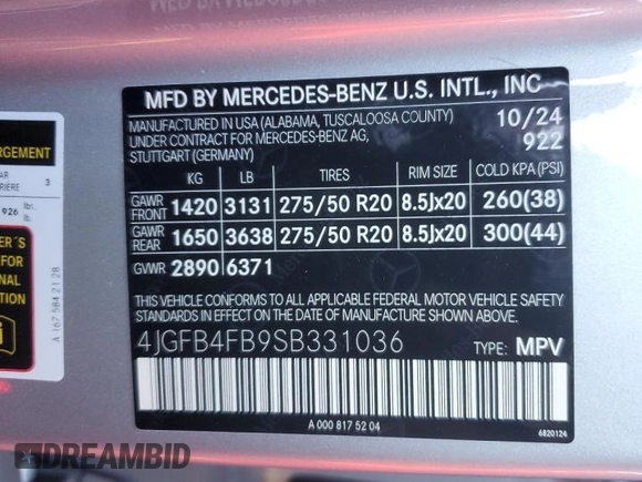 2025 Mercedes-Benz GLE 350 with VIN 4JGFB4FB9SB331036, listed as a Copart auction lot 41827195 with 279 mi miles and Salvage title. Bid and sale history available at DreamBid. Image 13.