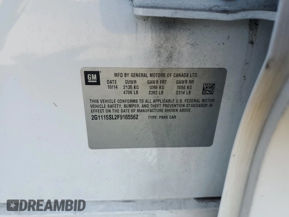 2015 Chevrolet Impala LT with VIN 2G1115SL2F9165562, listed as a Copart auction lot 62343805 with 106,345 mi miles and Salvage title. Bid and sale history available at DreamBid. Image 12.