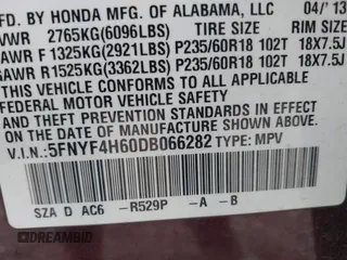 2013 Honda Pilot EX-L with VIN 5FNYF4H60DB066282, listed as a IAAI auction lot 40836817 with 244,122 mi miles and . Bid and sale history available at carsss.com. Image 9.