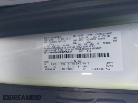 2018 Ford Transit с VIN 1FTBW2CM9JKA90627, выставлен на аукционе IAAI как лот 41648902 с пробегом 54 963 миль миль и . История ставок и продаж доступна на DreamBid. Изображение 9.