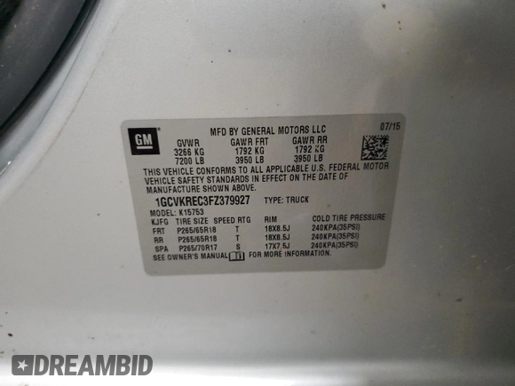2015 Chevrolet Silverado 1500 LT with VIN 1GCVKREC3FZ379927, listed as a Copart auction lot 48477395 with 138,416 mi miles and Salvage Title. Bid and sale history available at carsss.com. Image 12.