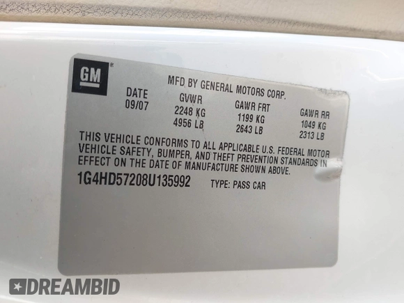 2008 Buick Lucerne CXL with VIN 1G4HD57208U135992, listed as a IAAI auction lot 41938263 with 81,998 mi miles and . Bid and sale history available at DreamBid. Image 9.