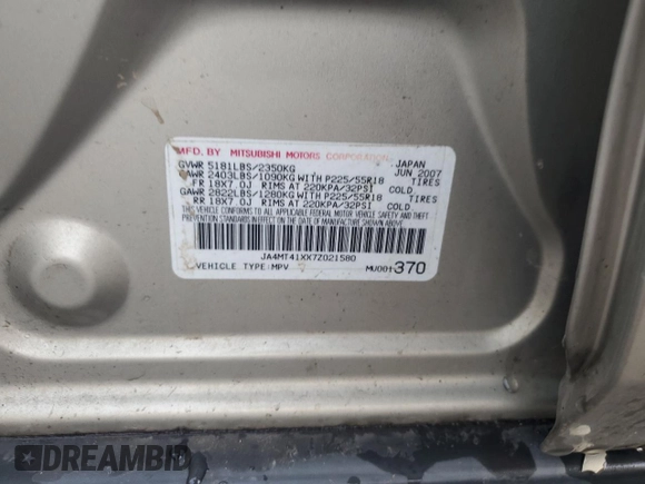 2007 Mitsubishi Outlander XLS with VIN JA4MT41XX7Z021580, listed as a Copart auction lot 49003795 with 88,244 mi miles and Salvage Title. Bid and sale history available at carsss.com. Image 14.