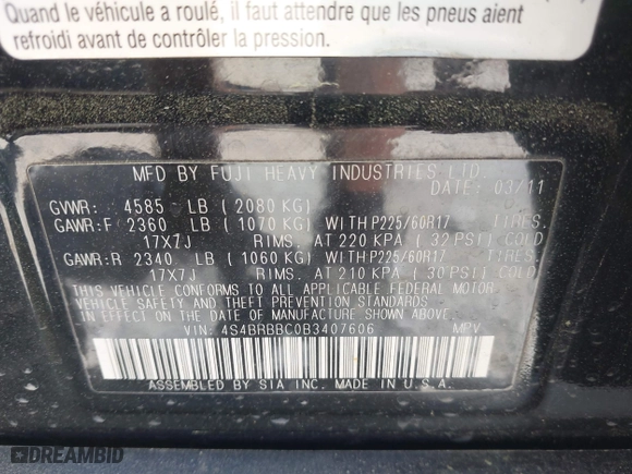 2011 Subaru Outback 2.5i Prem with VIN 4S4BRBBC0B3407606, listed as a IAAI auction lot 42057169 with 161,188 mi miles. Bid and sale history available at carsss.com. Image 9.