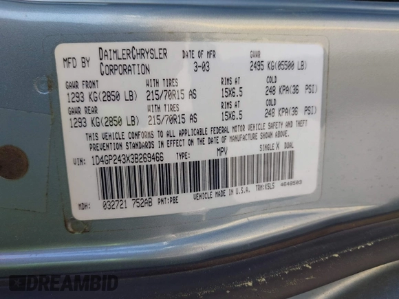 2003 Dodge Caravan SE with VIN 1D4GP243X3B269466, listed as a IAAI auction lot 41963103 with 206,535 mi miles and . Bid and sale history available at DreamBid. Image 9.